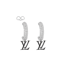 Silver earrings with 'LV' logo on a white background