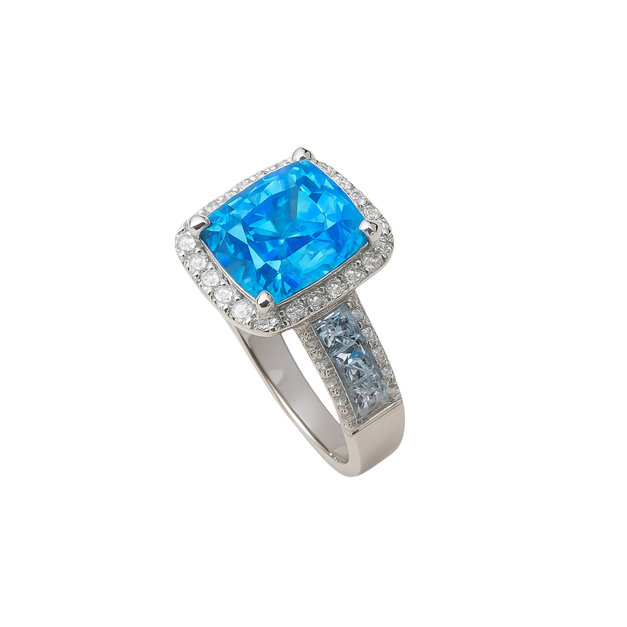 Azure Cushion Halo Ring – Platinum Shine