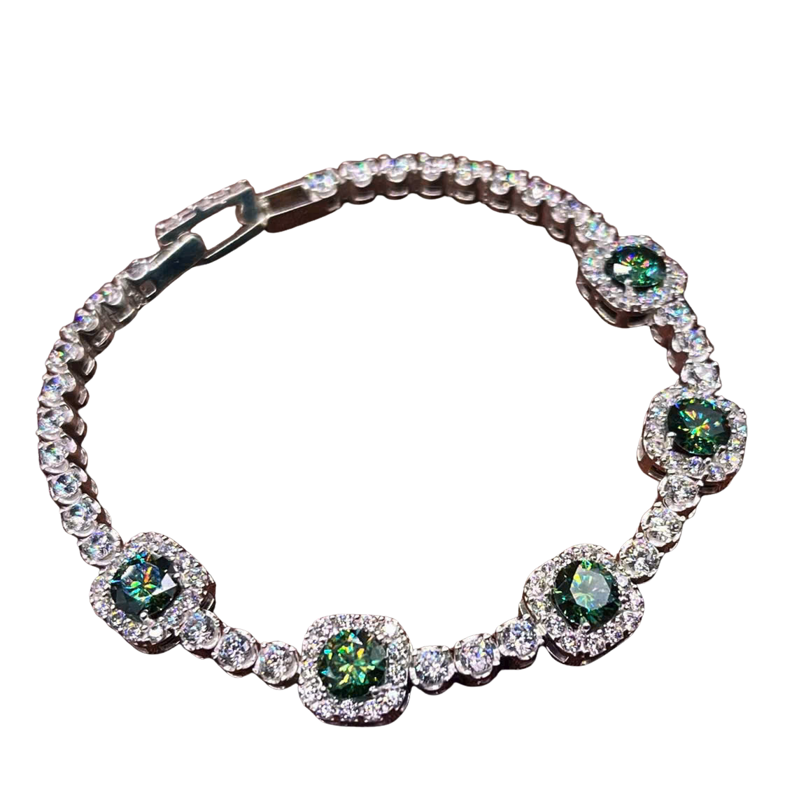 Bracelet with green gemstones and clear stones on a white background