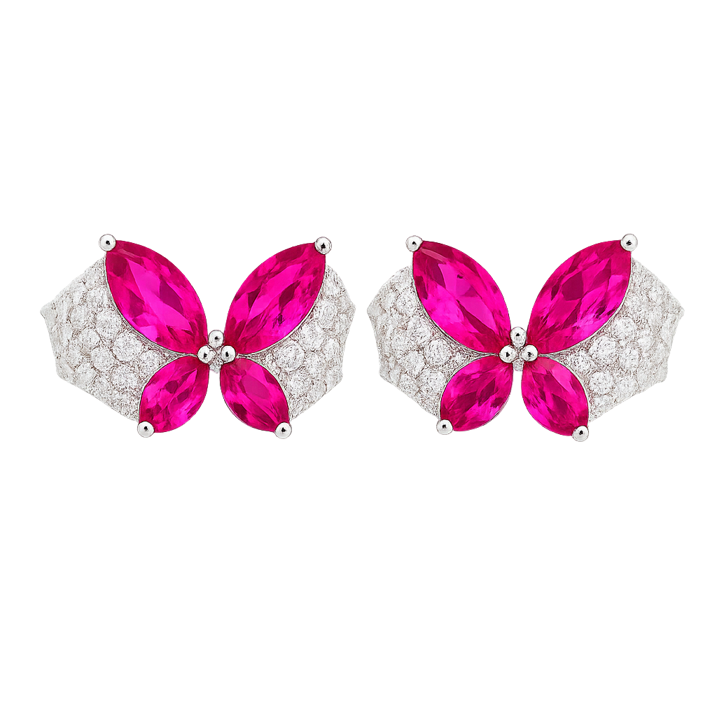 Butterfly-shaped earrings with pink gemstones and silver accents on a white background