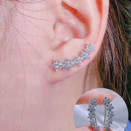 Close-up of an ear wearing a silver earring with star-shaped stones, inset showing the earring from a different angle.