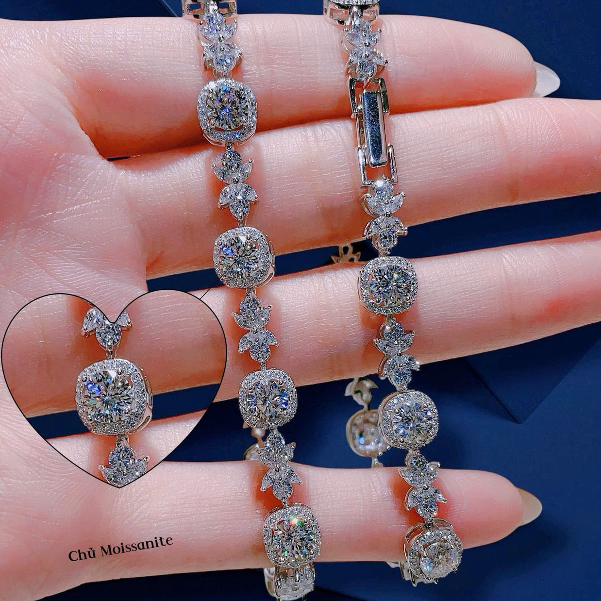 Diamond bracelet on a hand with a blue background