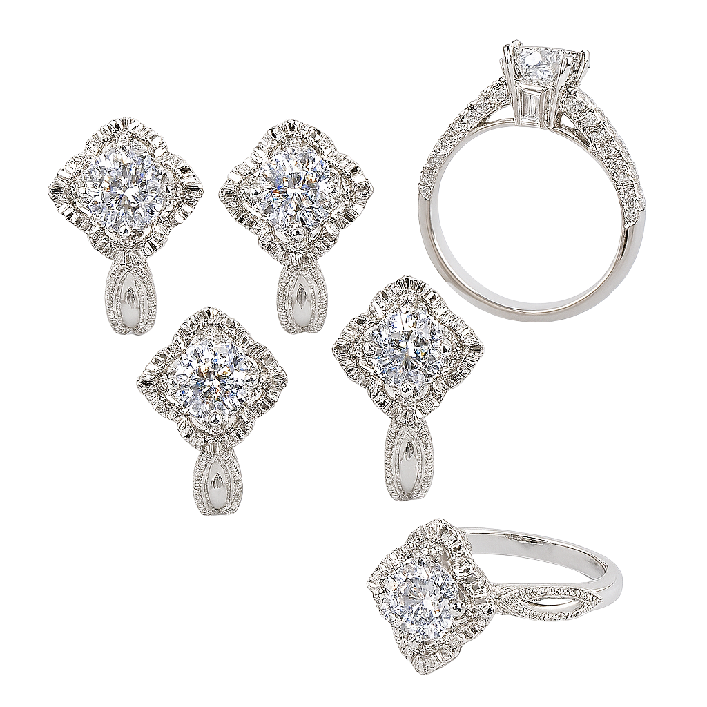 Diamond jewelry set including earrings and rings on a white background