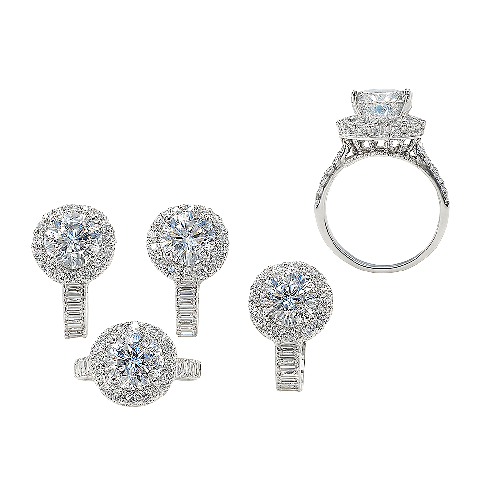 Diamond jewelry set with ring and earrings on a white background