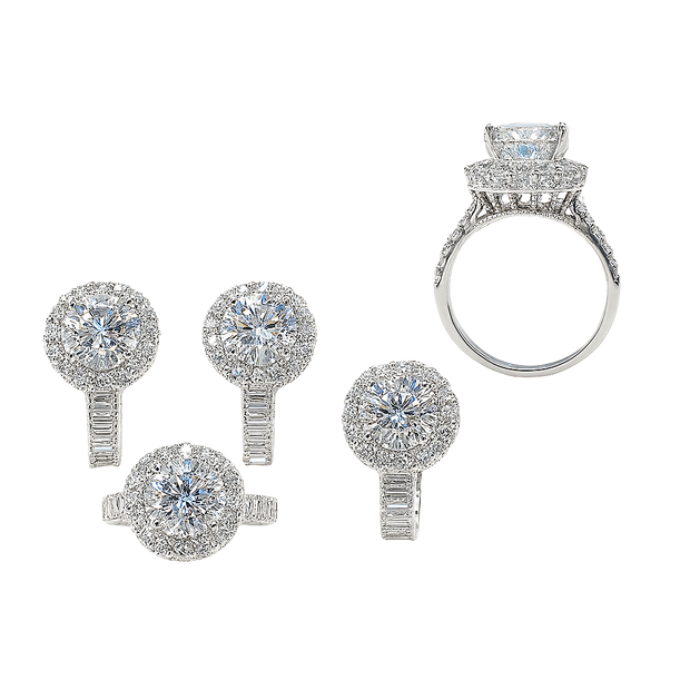 Diamond jewelry set with ring and earrings on a white background