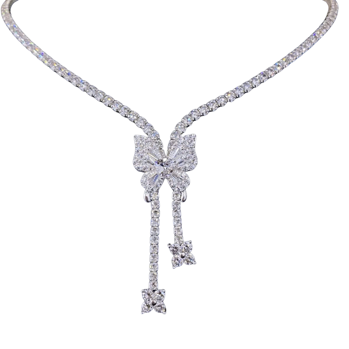 Diamond necklace with a bow-shaped pendant on a white background