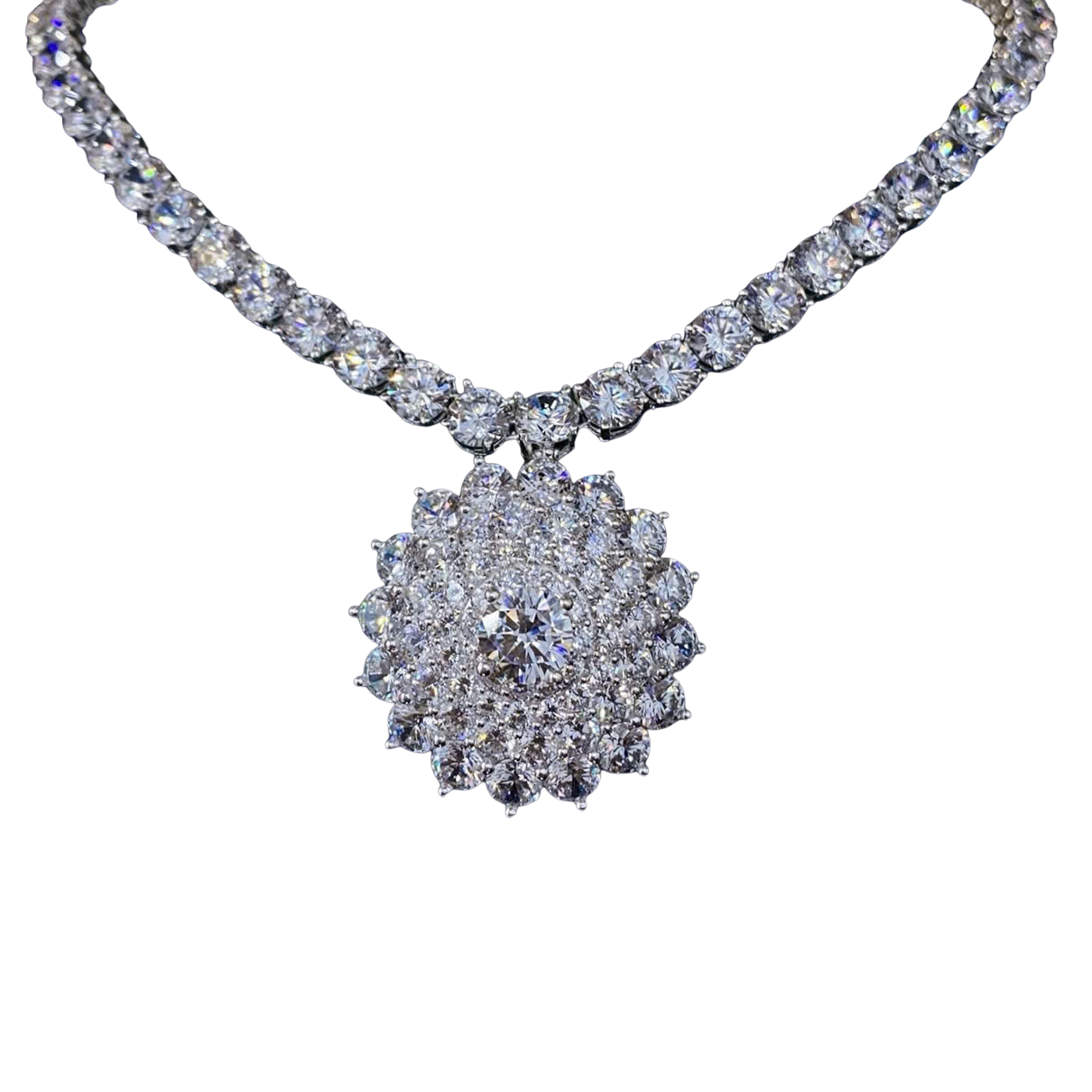 Diamond necklace with a close-up of the pendant on a white background