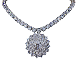 Diamond necklace with a close-up of the pendant on a white background