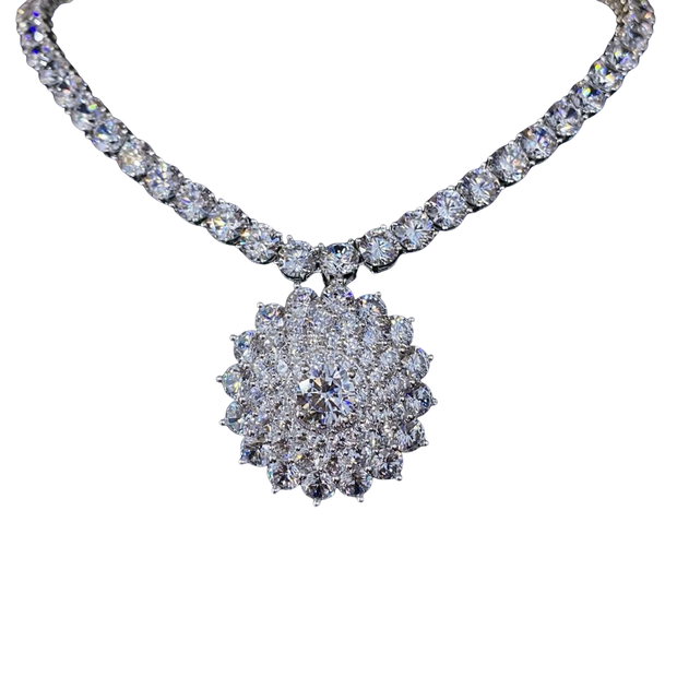 Diamond necklace with a close-up of the pendant on a white background