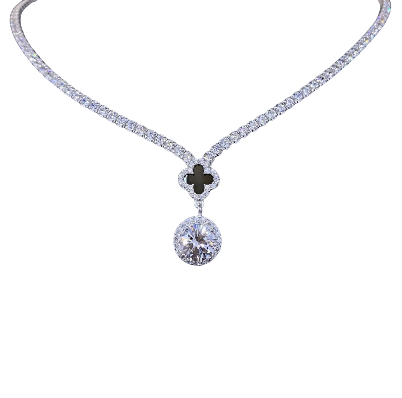 Diamond necklace with a clover-shaped pendant on a white background