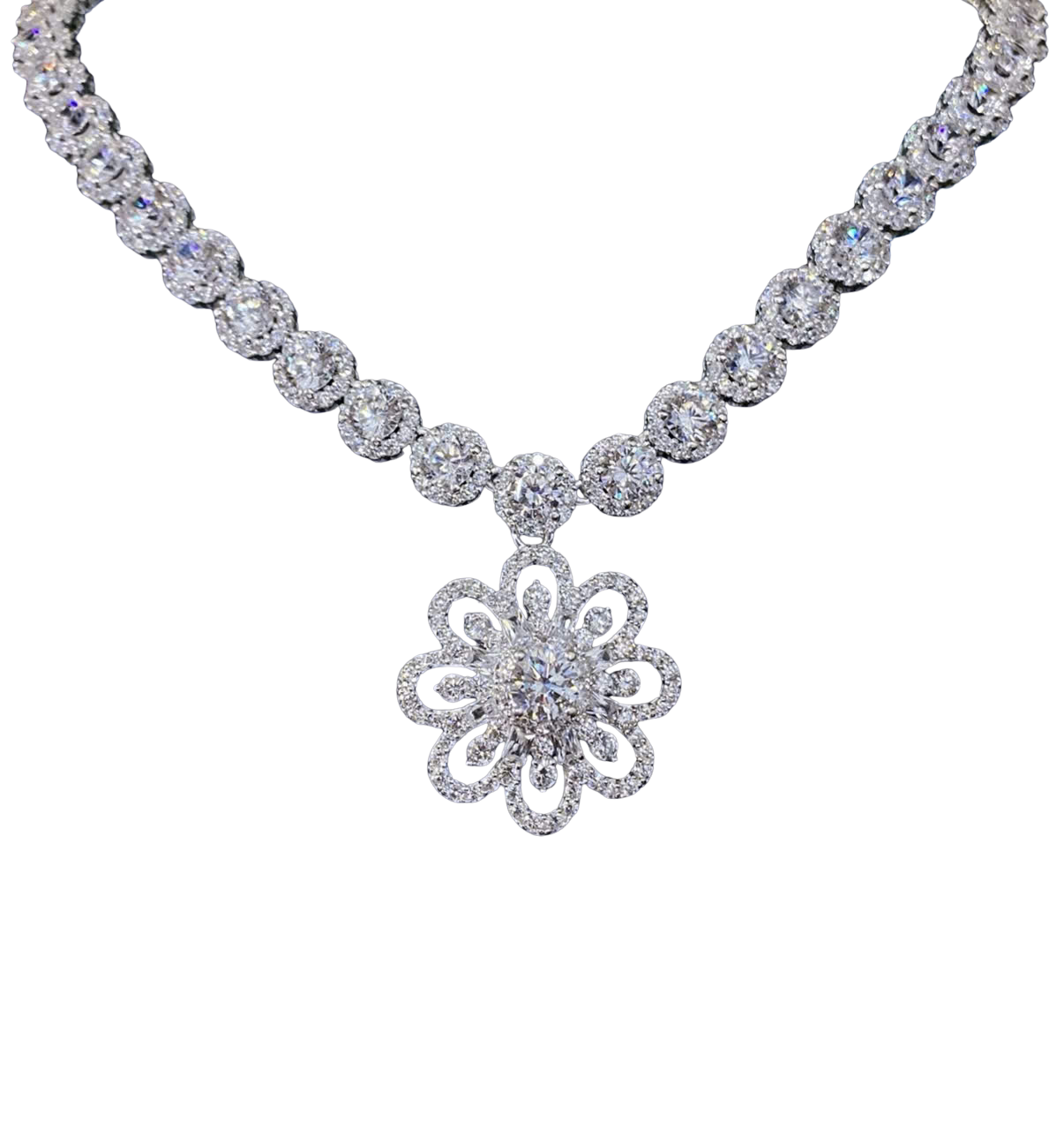 Diamond necklace with a floral pendant on a white background