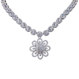 Diamond necklace with a floral pendant on a white background
