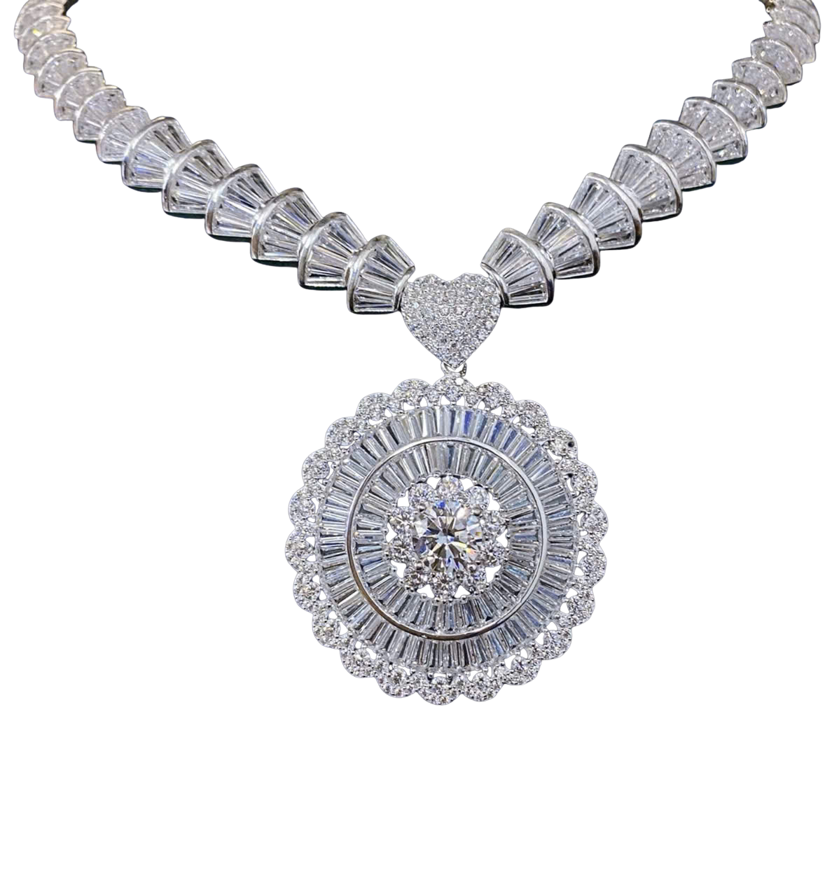 Diamond necklace with a heart-shaped clasp on a white background
