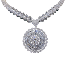 Diamond necklace with a heart-shaped clasp on a white background