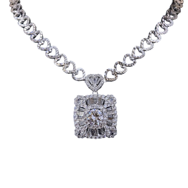 Diamond necklace with a heart-shaped pendant and square pendant on a white background