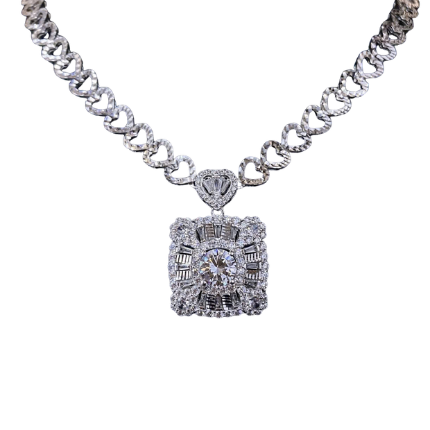 Diamond necklace with a heart-shaped pendant and square pendant on a white background