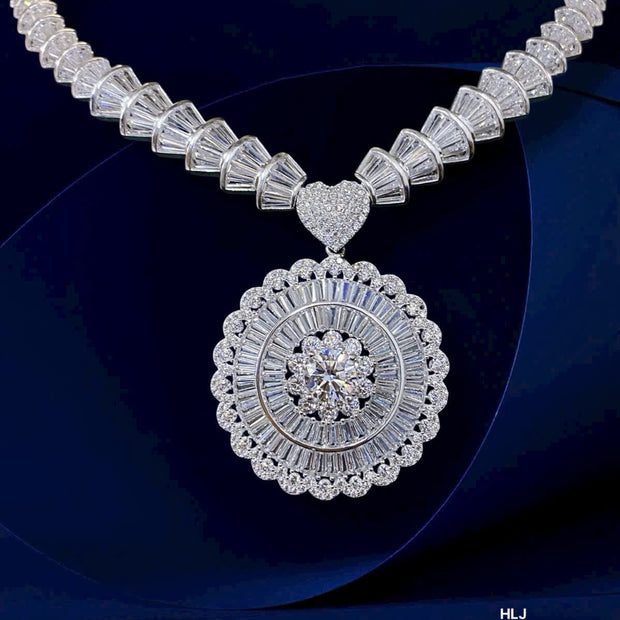 Diamond necklace with a heart-shaped pendant on a dark background