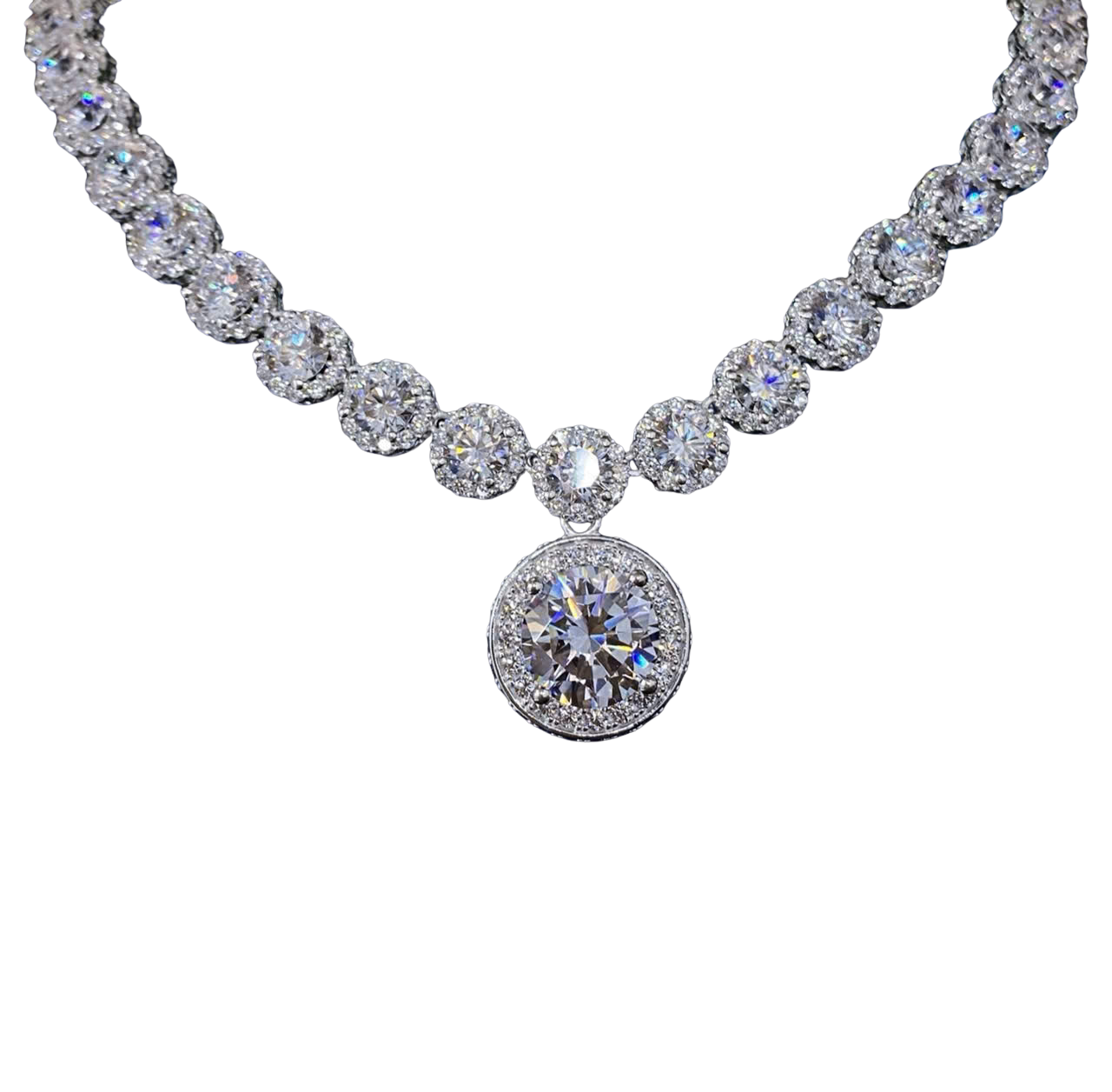 Diamond necklace with a round pendant on a white background