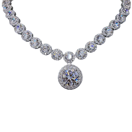Diamond necklace with a round pendant on a white background