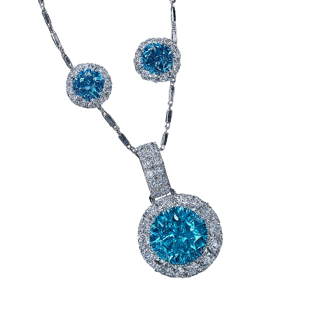 Diamond necklace with blue gemstones on a white background