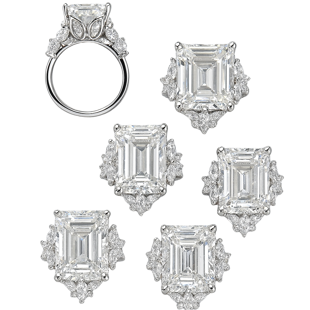 Diamond ring and earrings on a white background