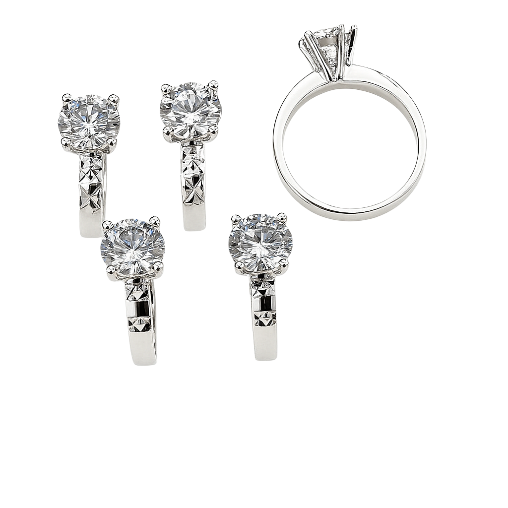 Diamond ring and earrings set on a white background