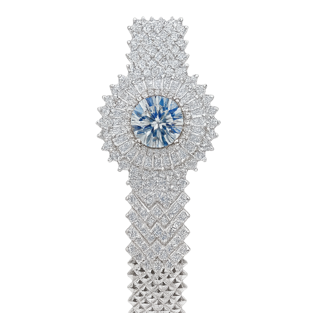 Elegant diamond bracelet with a central blue gemstone on a white background