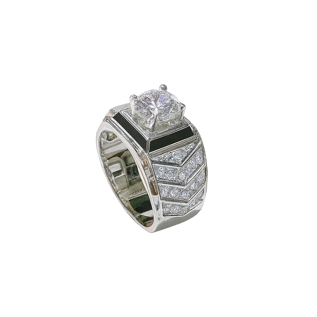 Elegant ring with diamond and black stone on a white background