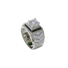 Elegant ring with diamond and black stone on a white background