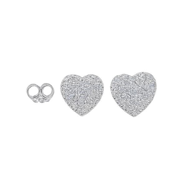 Heart-shaped silver earrings on a white background
