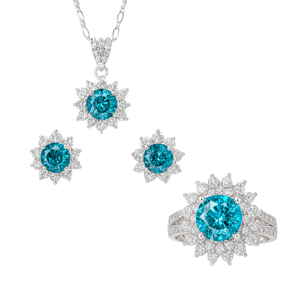 Jewelry set with blue gemstones on a white background
