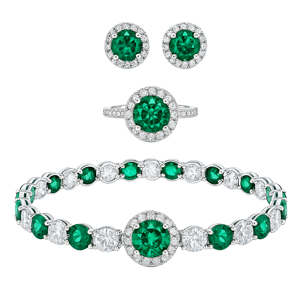 Jewelry set with emerald green gemstones and silver or white gold bands on a white background