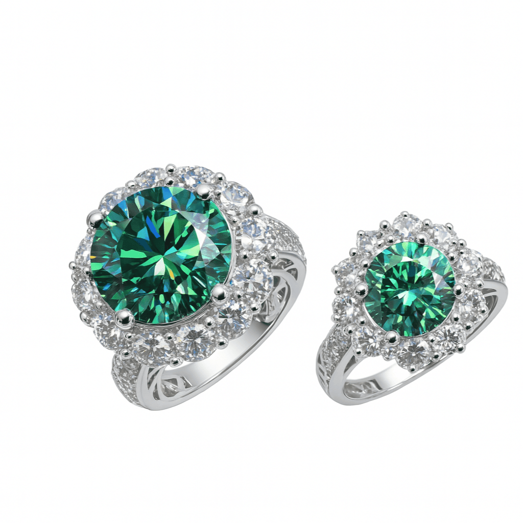 Jewelry set with green gemstones on a white background