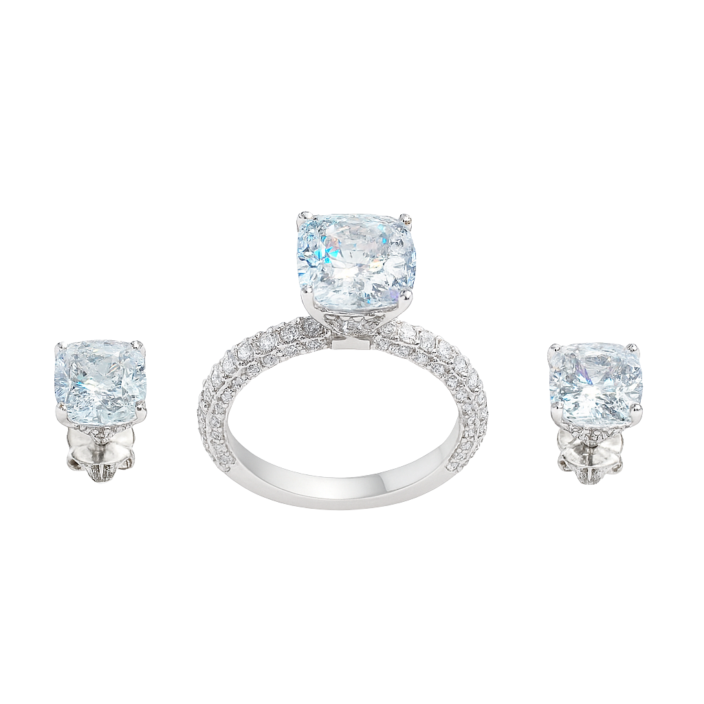 Jewelry set with ring and earrings featuring large square gemstones on a white background