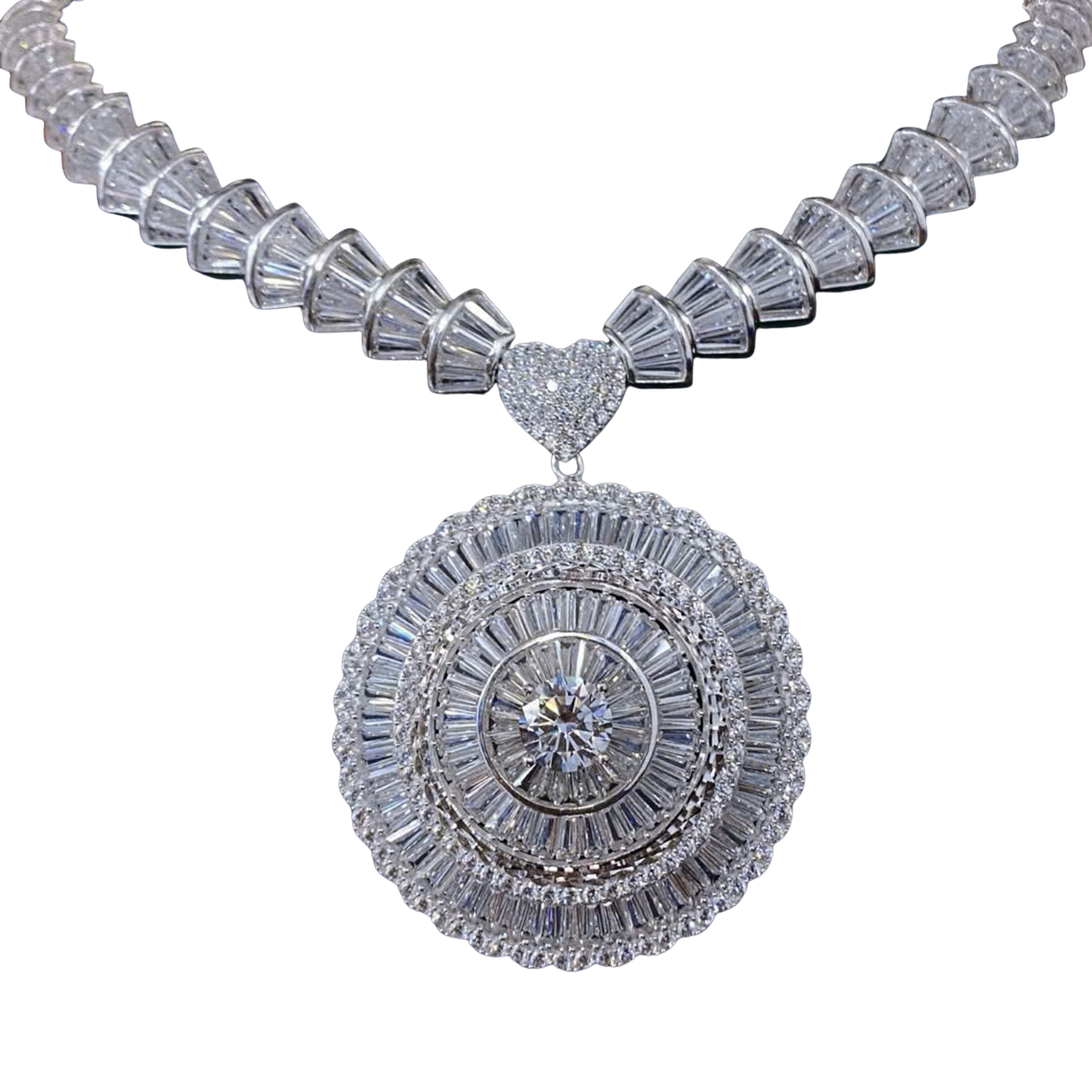 Luxury diamond necklace with a heart pendant on a white background
