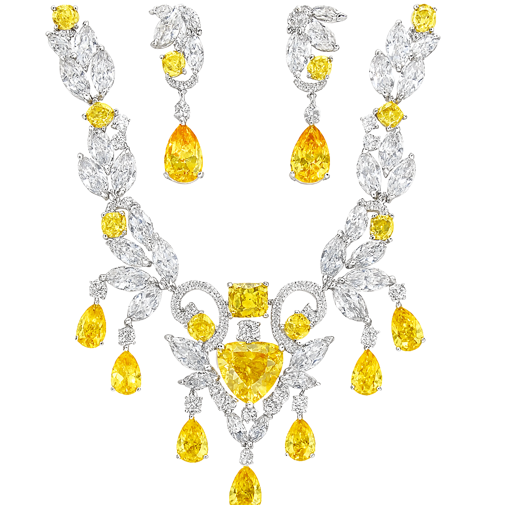 Luxury diamond necklace with yellow gemstones on a white background