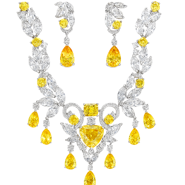 Luxury diamond necklace with yellow gemstones on a white background