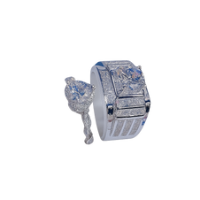 Luxury diamond ring with intricate design on a white background