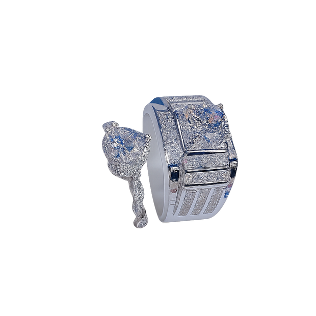 Luxury diamond ring with intricate design on a white background