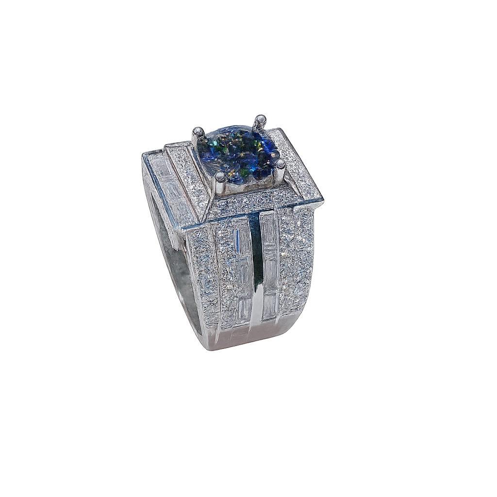 Luxury ring with a central gemstone and diamond-studded band on a white background