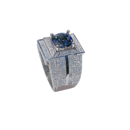 Luxury ring with a central gemstone and diamond-studded band on a white background