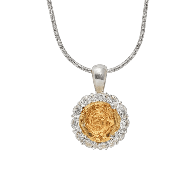 Necklace with a gold and silver pendant on a green background