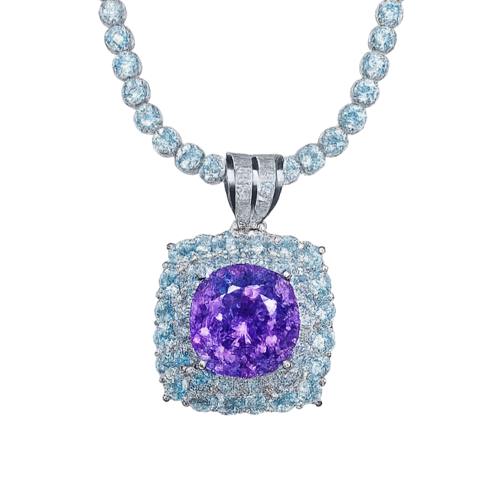 Necklace with a purple gemstone pendant on a white background