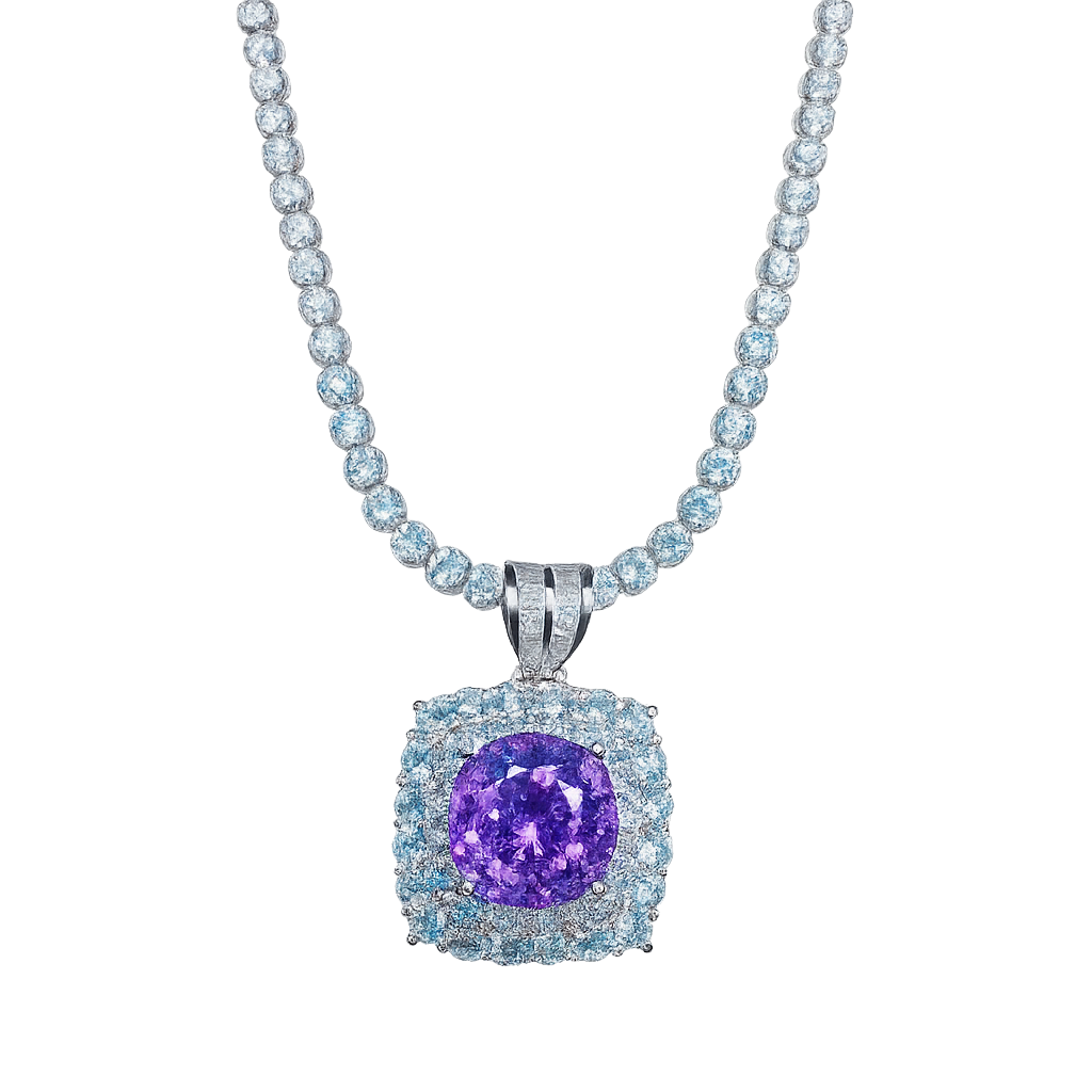 Necklace with a purple gemstone pendant on a white background