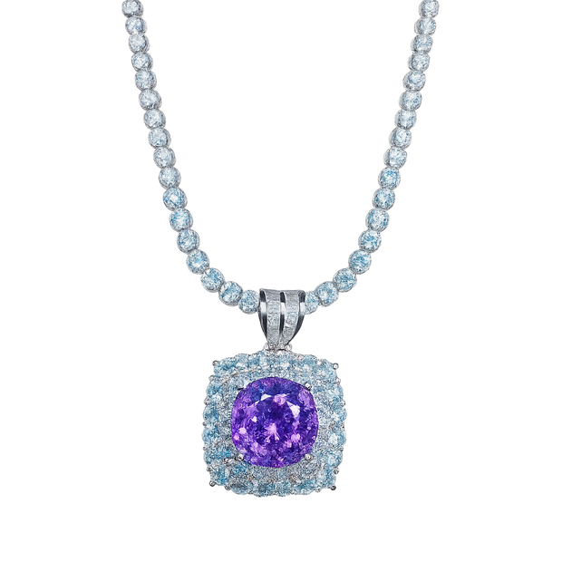 Necklace with a purple gemstone pendant on a white background
