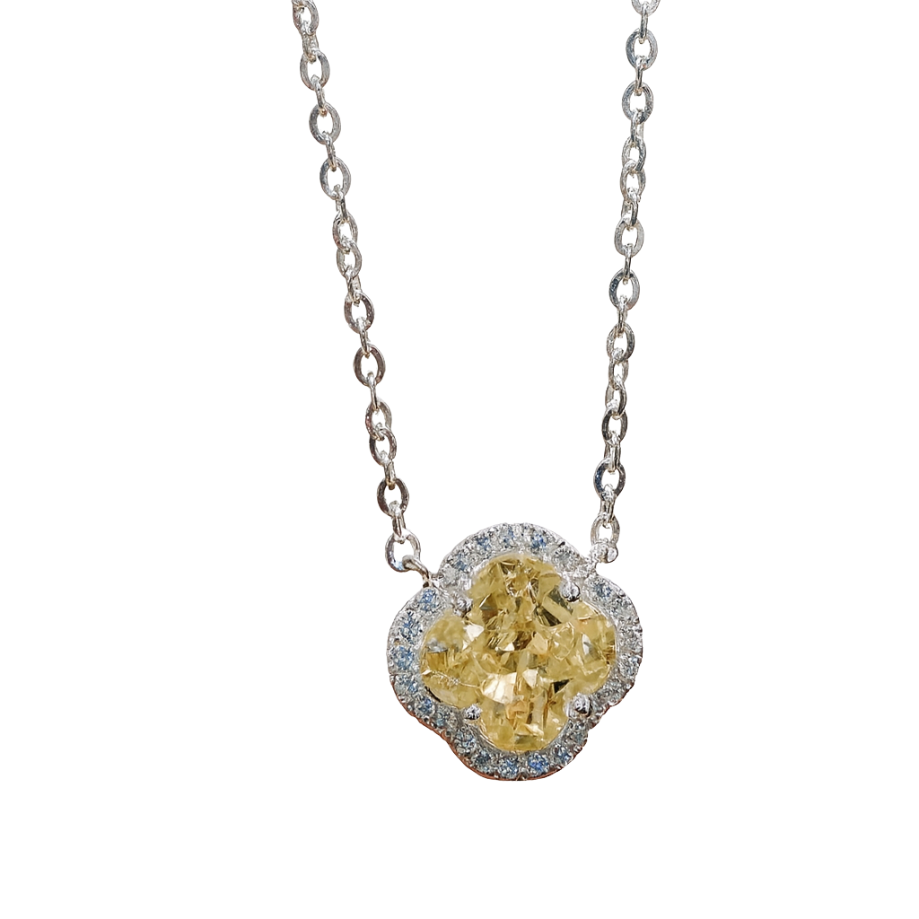 Necklace with a yellow gemstone pendant on a white background