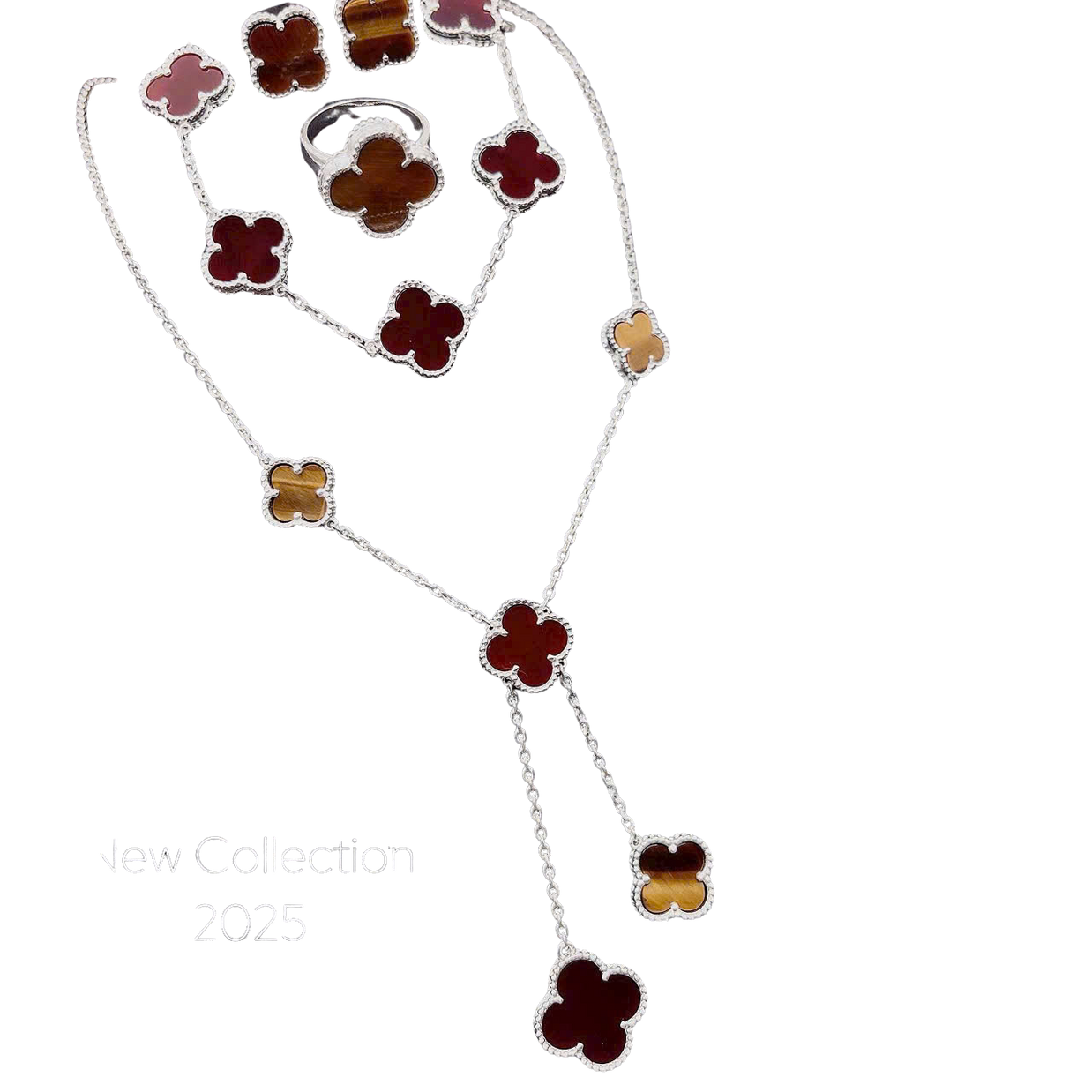 Necklace with clover-shaped pendants on a white background