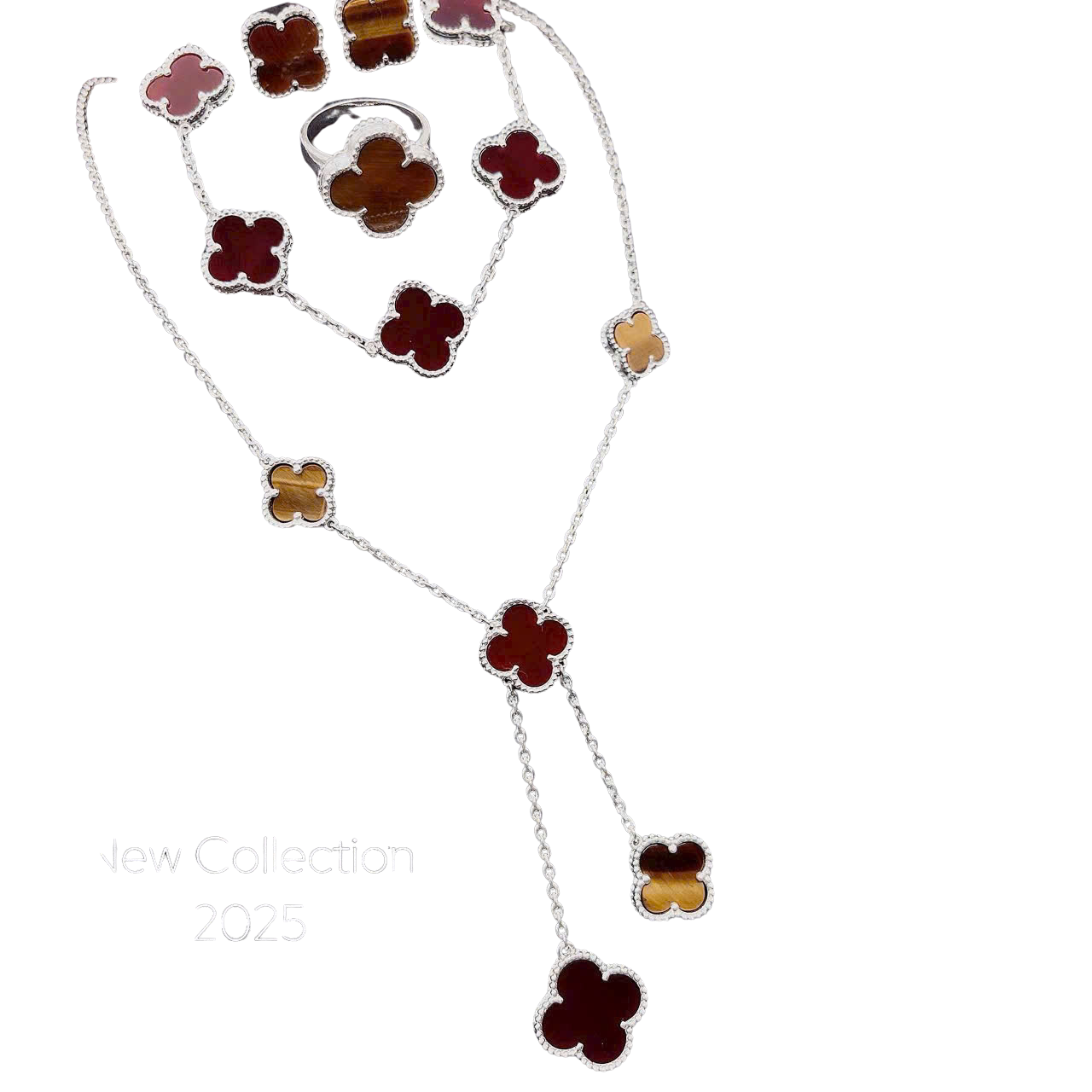 Necklace with clover-shaped pendants on a white background