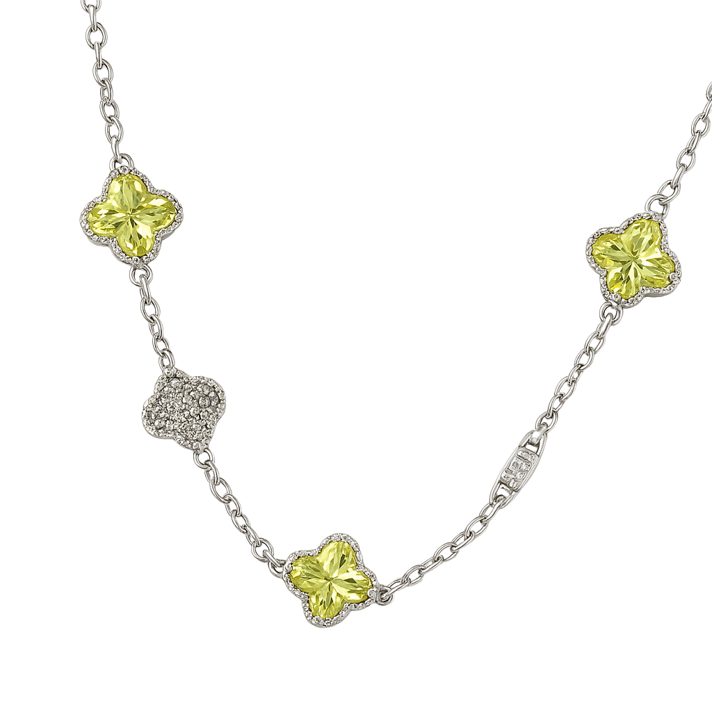 Necklace with green butterfly-shaped stones on a white background