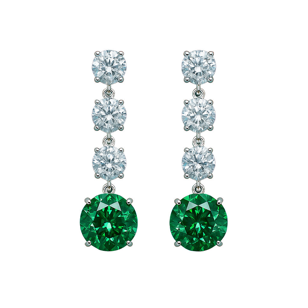 Pair of earrings with green gemstones and clear stones on a white background